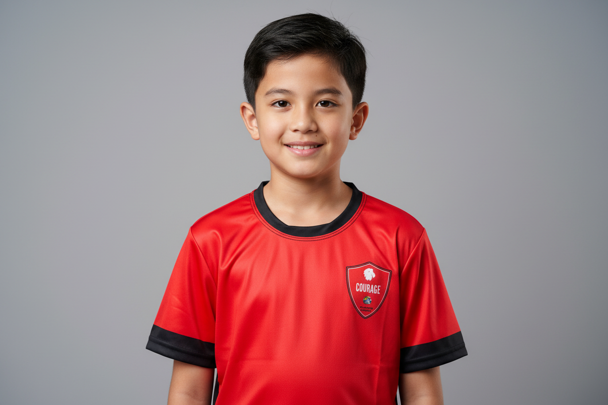 Red sports jersey with black accents and a logo on a white background