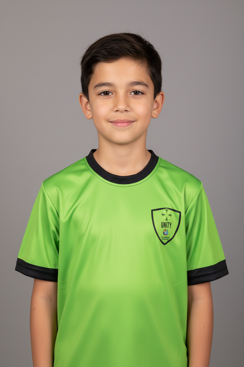 Green sports jersey with black accents on a hanger against a white tiled wall.