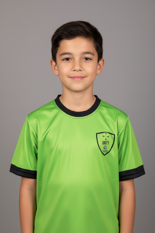 Green sports jersey with black accents on a hanger against a white tiled wall.