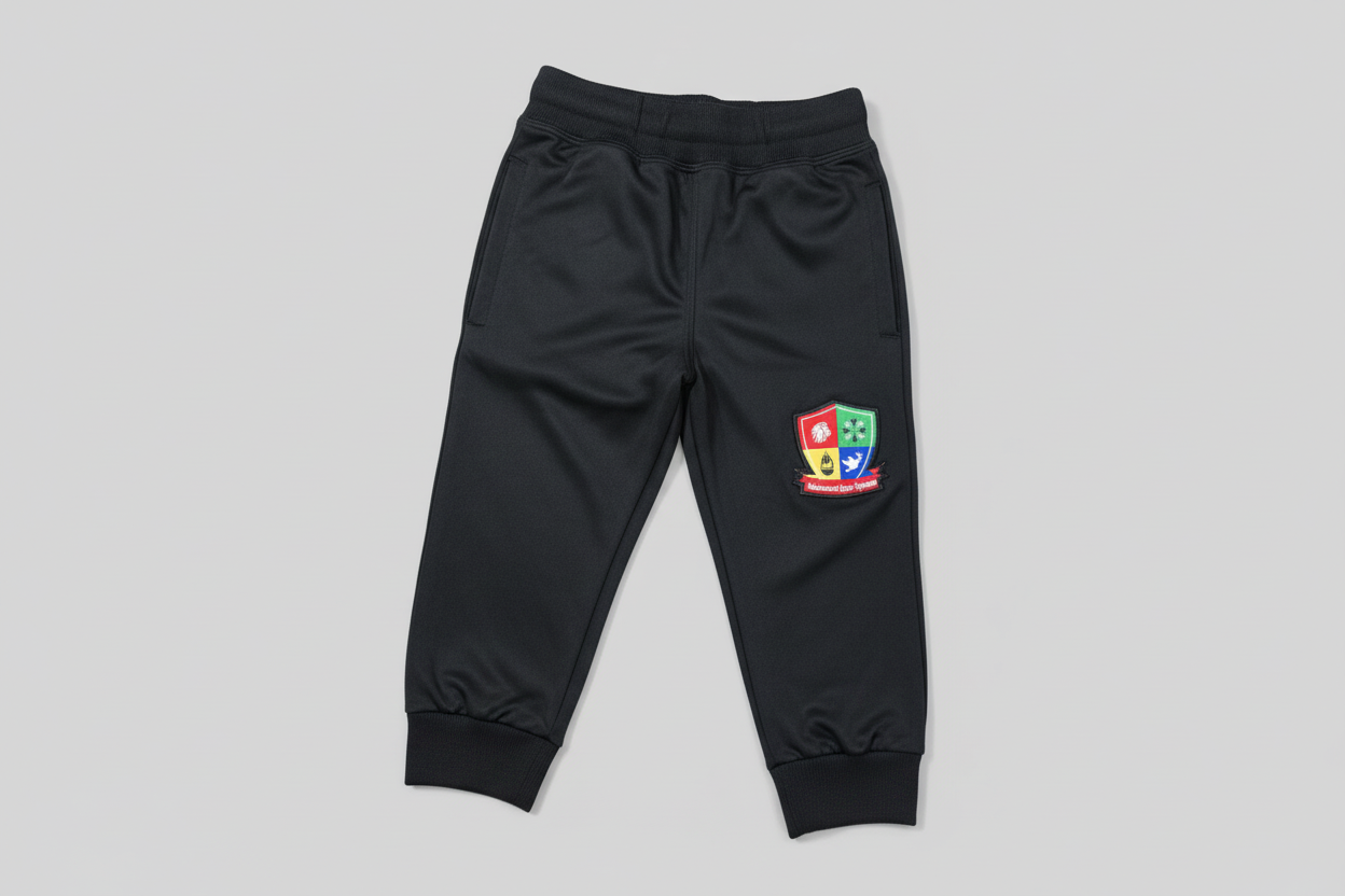 Black tracksuit pants with a colorful logo on a light wooden floor.