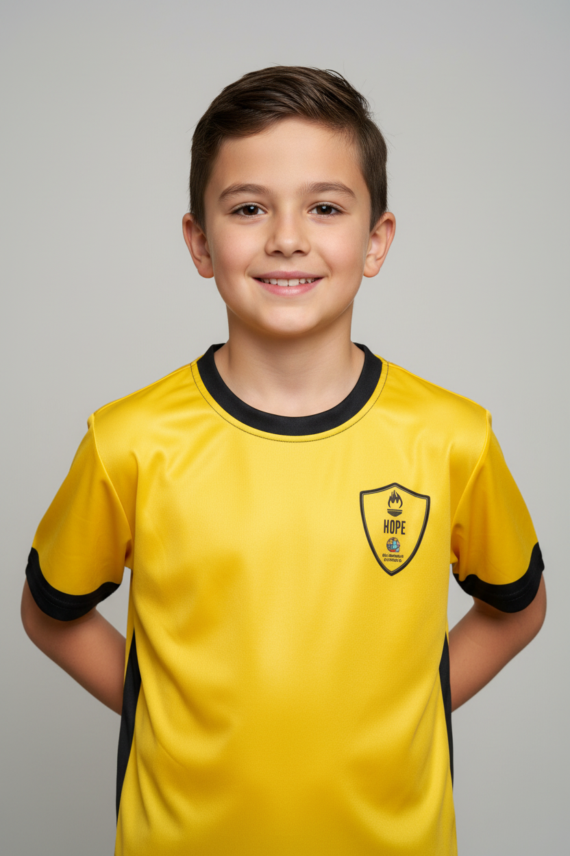 Yellow shirt with black accents and a logo on a white background