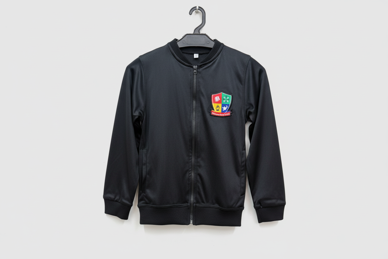 Black jacket with a colorful emblem on a white background