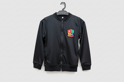 Black jacket with a colorful emblem on a white background