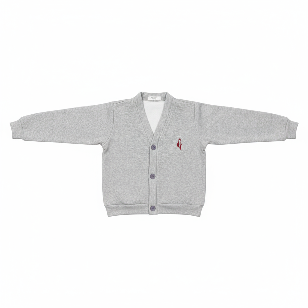 A gray fleece cardigan with a red logo on the chest and a button-up front, displayed on a flat surface.
