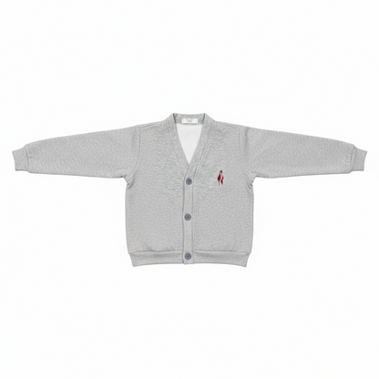 A gray fleece cardigan with a red logo on the chest and a button-up front, displayed on a flat surface.