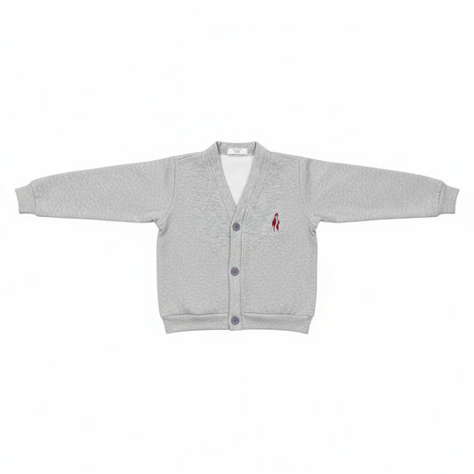 A gray fleece cardigan with a red logo on the chest and a button-up front, displayed on a flat surface.