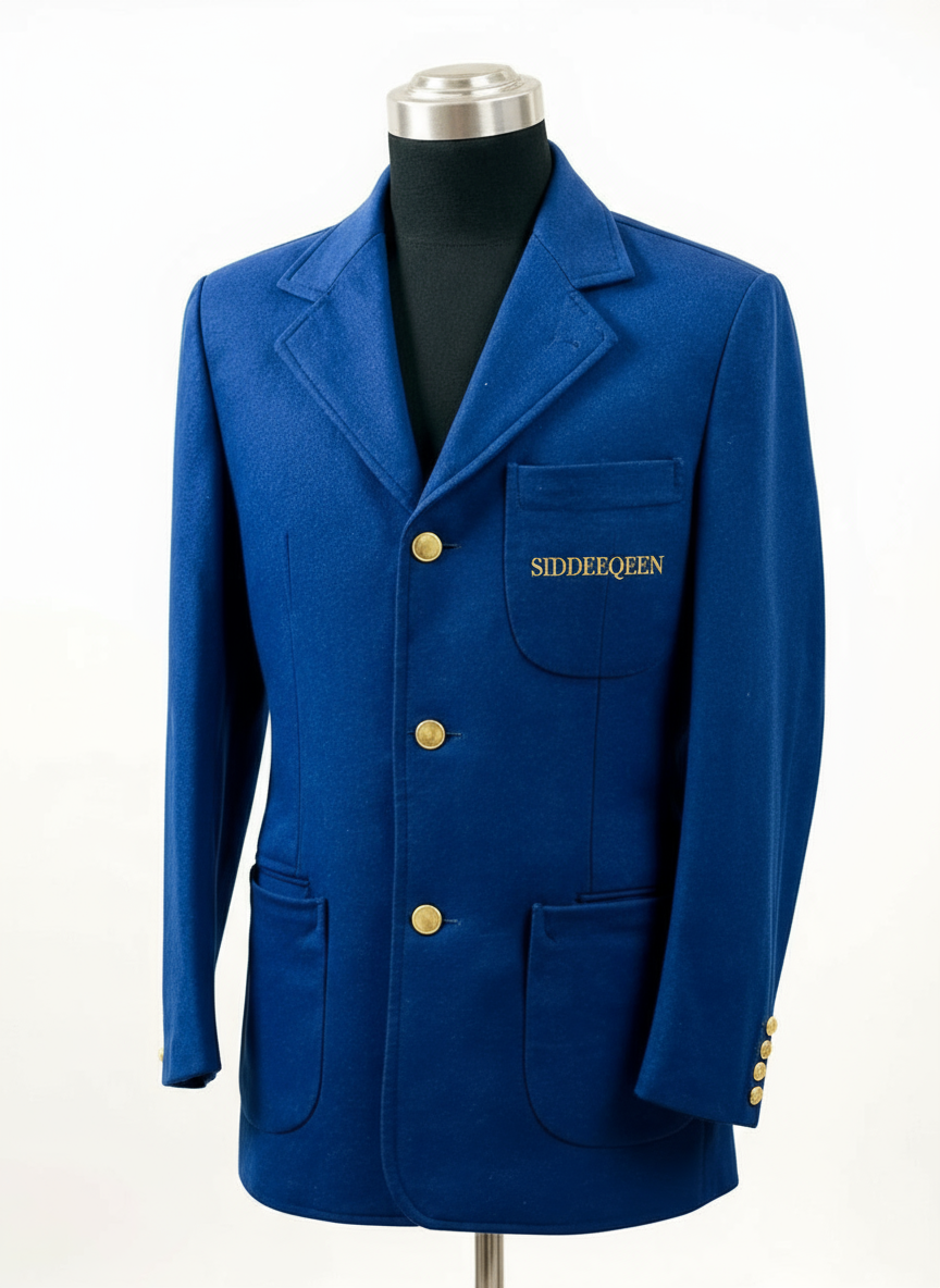 Blue blazer with gold buttons on a mannequin against a white background