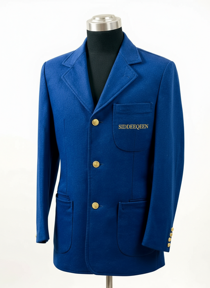 Blue blazer with gold buttons on a mannequin against a white background