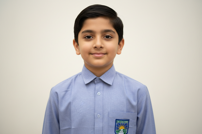 Blue shirt with a logo on a beige background