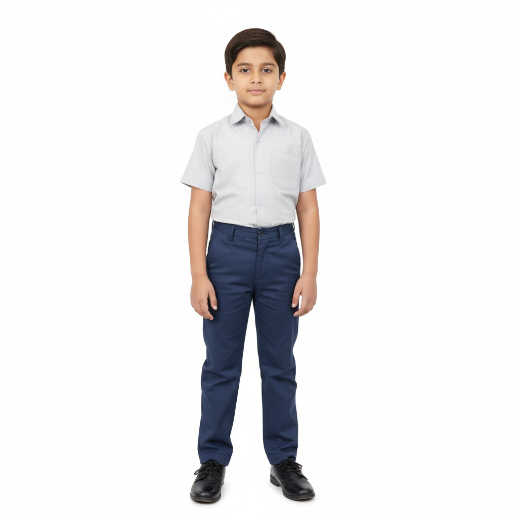 A pair of navy blue Beaconhouse boys pants dispayed on a white background.