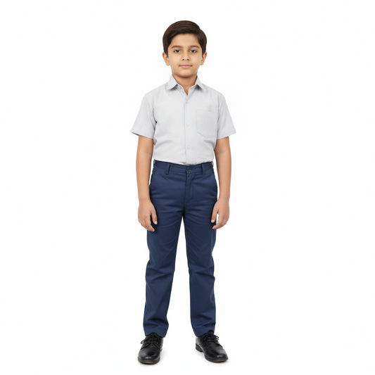 A pair of navy blue Beaconhouse boys pants dispayed on a white background.