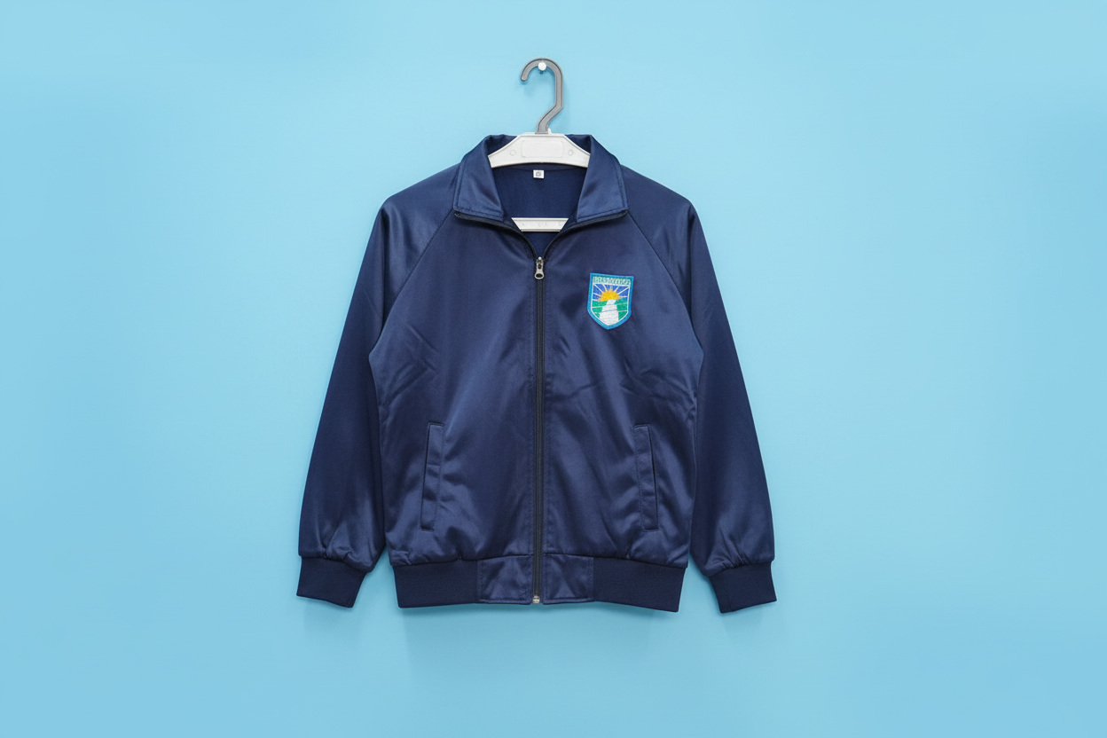 Navy blue jacket with a logo on a white background