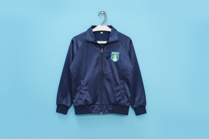 Navy blue jacket with a logo on a white background