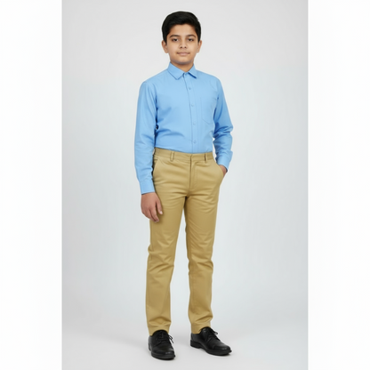 Person on a white background wearing a light blue shirt and beige pant