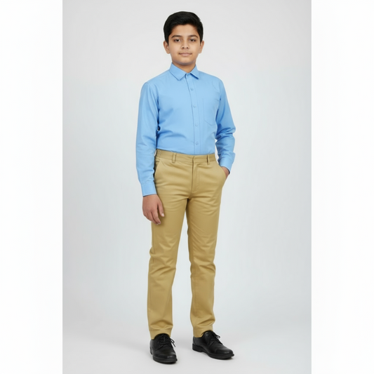 Person on a white background wearing a light blue shirt and beige pant