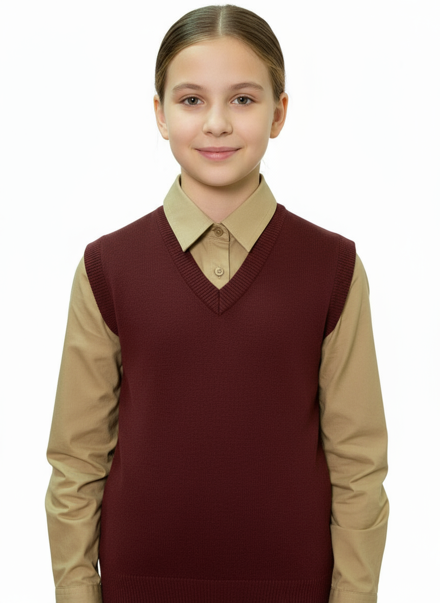 Young boy wearing a maroon sweater vest over a white shirt on a white background