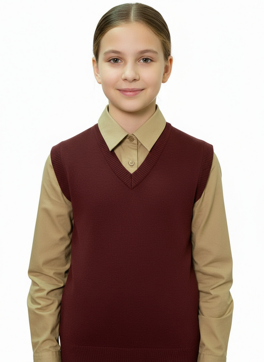 Young boy wearing a maroon sweater vest over a white shirt on a white background